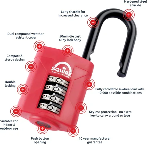 Miniatura 5 de Squire Candado resistente (CP50/1.5) – Grillete largo más resistente – Candado combinado de 4 ruedas – Acero aleado para resistencia a la corrosión