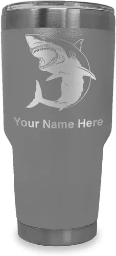 Miniatura 39 de LaserGram Vaso aislado al vacío de 20 onzas, gran tiburón blanco, grabado personalizado incluido (negro)