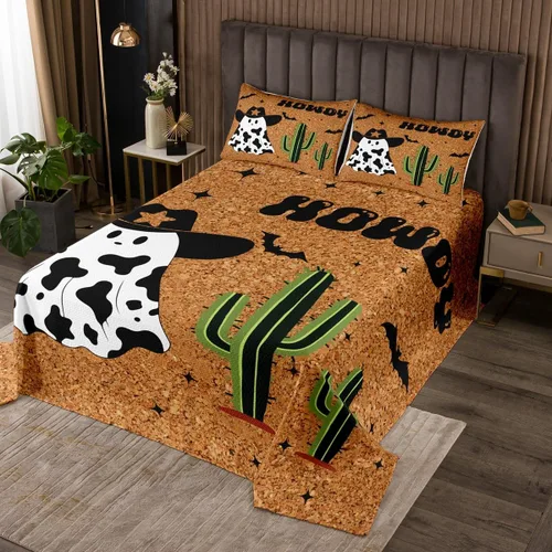 Miniatura 18 de Colcha de vaquero occidental para niños, tamaño individual, juego de colcha rústica de herraduras, cactus y herraduras, decoración de habitación