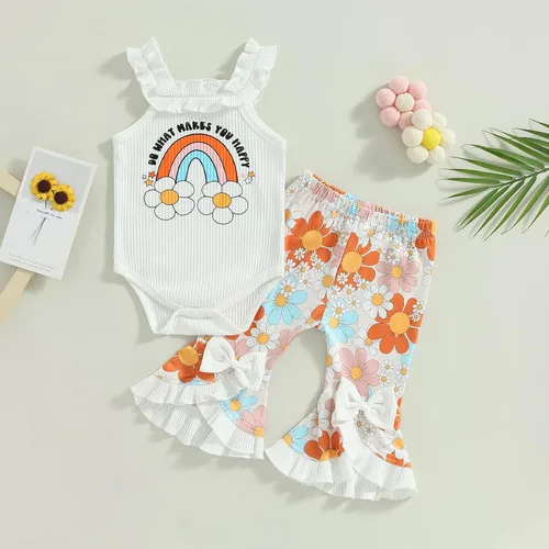 Miniatura 7 de BULINGNA Conjunto de dos piezas de verano para bebé niña sin mangas con estampado de arco iris + pantalones cortos florales de PPpantalones