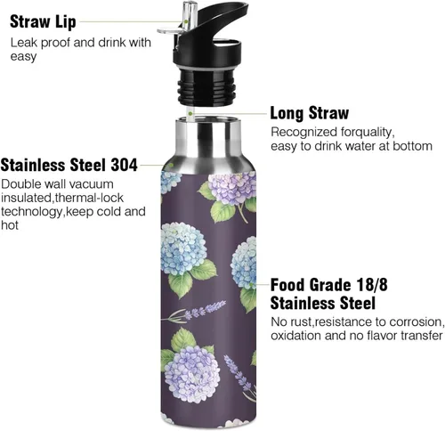 Miniatura 3 de Hydrangea Lavender Purple Blue Stainless Steel Water Bottle 32 Oz, BPA-Free Sport Water Bottle Leakproof Water Bottles