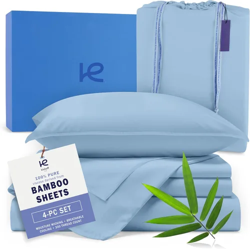 Miniatura 20 de Kickoff Sábanas de bambú de viscosa tamaño King, 4 piezas, 100% viscosa de bambú orgánico, juego de sábanas refrescantes tamaño King, ropa de cama