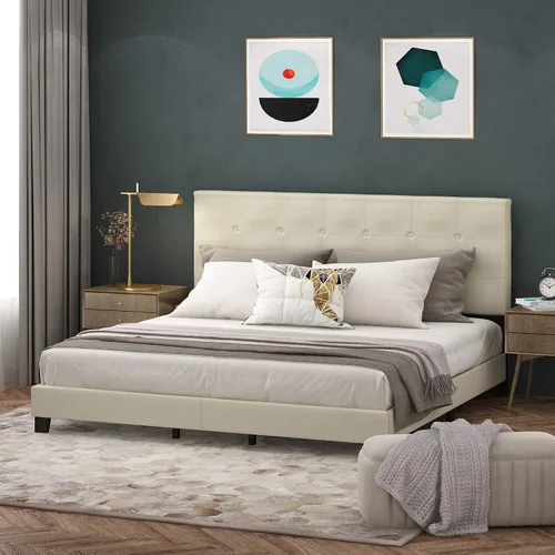 Miniatura 13 de Furinno Laval Marco de Cama Plataforma Tapizado con Botones Penachos, Individual, Glacier