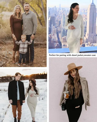 Miniatura 5 de Vestido de maternidad de manga larga con cuello en V y tejido elástico, ropa de embarazo para sesión de fotos, baby shower