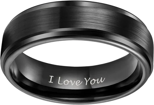 Miniatura 2 de TRUMIUM - Anillo de boda de carburo de tungsteno de 1564 y 516 de pulgada, para hombres y mujeres, con borde escalonado, grabado en inglés I Love