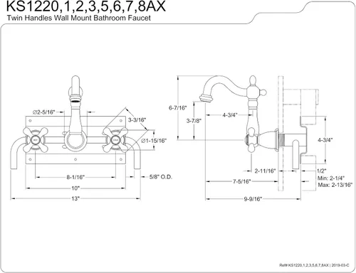 Miniatura 2 de Kingston Brass KS1223AX - Grifo de baño de montaje en pared central de 8 pulgadas, latón antiguo