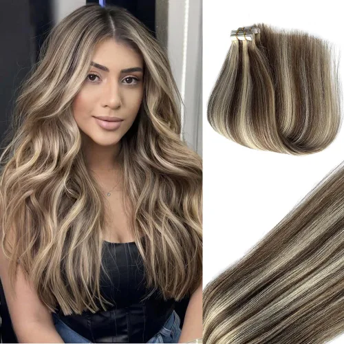 Miniatura 10 de Extensiones de cabello humano rubio con cinta, reflejos rubio ceniza y rubio platino, extensiones de cabello rubio platinado, cinta adhesiva
