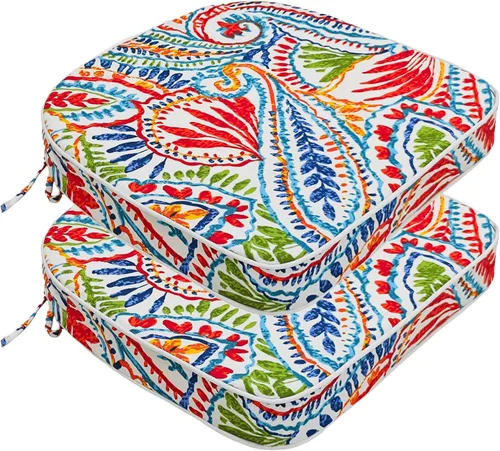 Miniatura 17 de JMGBird Juego de 2 cojines para sillas de exterior, patrón de flores de mandala azul, 16 x 17 pulgadas, cojines de asiento de patio con lazos