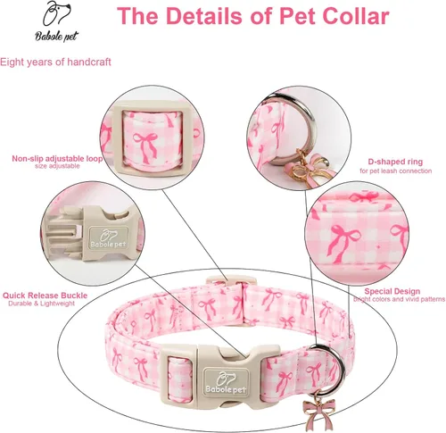 Miniatura 4 de Collar para perras gigantes grandes, collar de cachorro de primavera y verano con bonito estampado de lazo rosa a cuadros y lazo, collares suaves