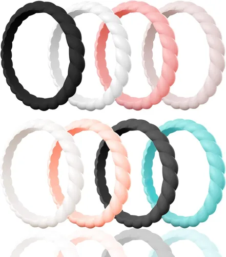 Egnaro - Anillo de boda de silicona para mujer, alianzas de boda de goma trenzada, delgadas y apilables, material no tóxico y seguro para la piel