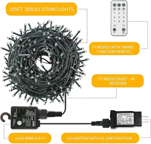 Miniatura 2 de Guirnalda de luces de Navidad para interiores y exteriores, luces para árbol de Navidad, con certificación UL, función de memoria con enchufe