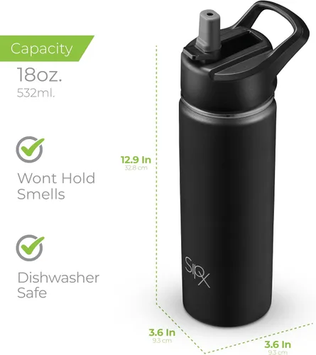 Miniatura 6 de SIPX™ Botella de Agua Aislada de 18 oz con 3 Tapas – Acero Inoxidable a Prueba de Fugas, Triple Aislamiento – Frío 24 Horas/Caliente 12 Horas