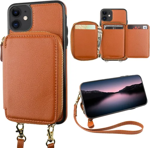 Bocasal Funda tipo cartera con bloqueo RFID para iPhone 11, funda cruzada ajustable con cremallera, tarjetero con función atril, correa de muñeca