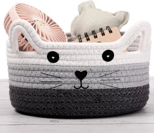 Miniatura 21 de Zopeal Cesta de almacenamiento tejida para gatos, organizador tejido con orejas, juguete decorativo de Navidad para mascotas, bonita canasta