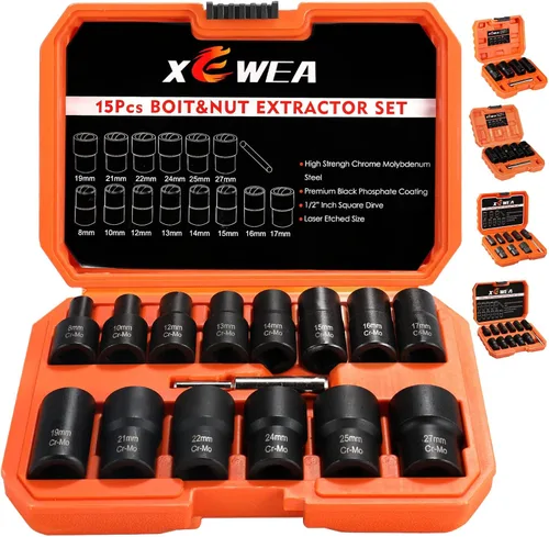 Miniatura 9 de XEWEA Juego de 12 extractores de tuercas de oreja, 1/2 pulgada, extractor de bloqueo de rueda para quitar daños, congelados, oxidados, pernos 12
