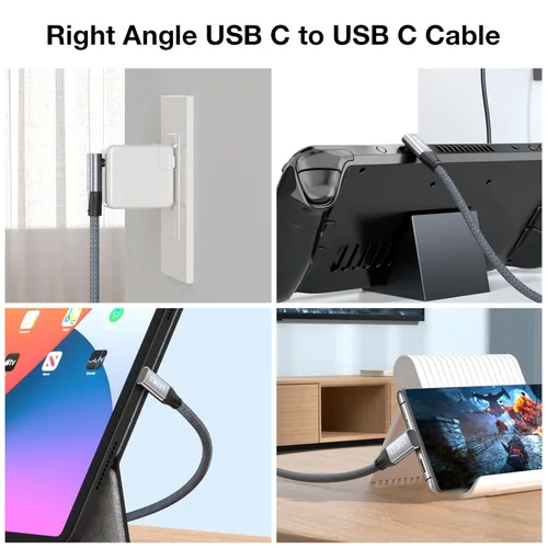 Miniatura 5 de Cable de datos USB C en ángulo descendente, 20 Gbps 90 grados en ángulo USB C 3.2 Gen2x2, cable de video 4K @144, cable de carga rápida PD de 100 W