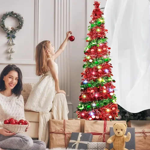 Miniatura 6 de Árbol de Navidad plegable de lentejuelas de 5 pies con 90 luces LED, árbol de Navidad de oropel delgado con soporte para apartamentos Rojo y verde