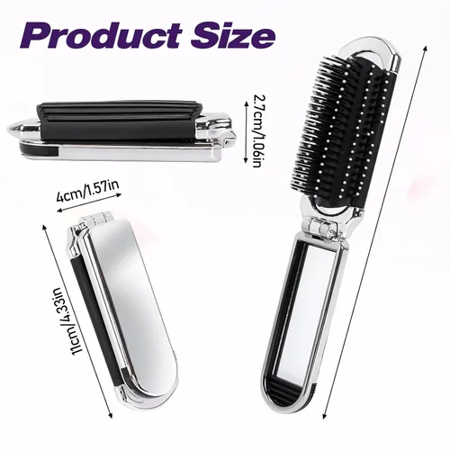 Miniatura 4 de Paquete de 1 cepillo de pelo compacto plegable con espejo, peine de masaje de bolsillo de viaje para peinar el cabello, gimnasio, viajes y bolso