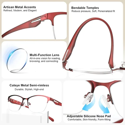 Miniatura 4 de SKYOAK Paquete de 2 elegantes anteojos de lectura progresivos para mujer, diseño moderno de medio marco de metal, antirayos UV400/fatiga ocular