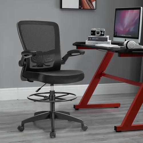 Miniatura 2 de Giantex Silla de dibujo, sillas de oficina con respaldo alto, con reposapiés, reposabrazos abatible, altura ajustable, silla de escritorio Negro