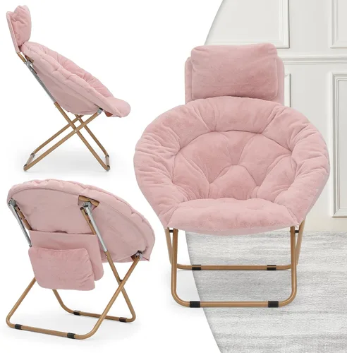 Miniatura 11 de MoNiBloom Silla redonda plegable de piel sintética con reposacabezas extraíble para adultos, marco de metal, de gran tamaño, cómoda, suave