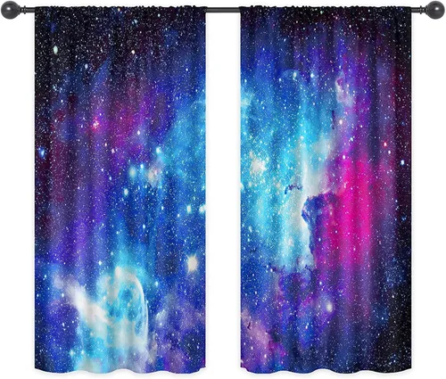 Miniatura 3 de Riyidecor Cortinas y Drapes Galaxia Espacio Nebulosa Cortinas de Cocina (2 Paneles 29.5 x 63 Pulgadas) Azul Bolsillo para Varilla Universo Planetas