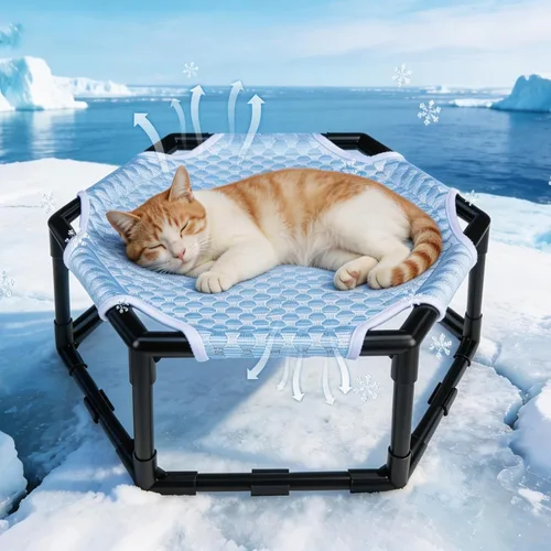 Cama hamaca elevada para gatos, cuna hexagonal elevada para gatos con tela transpirable de gorro de hielo y bloque antideslizante, alfombrilla de