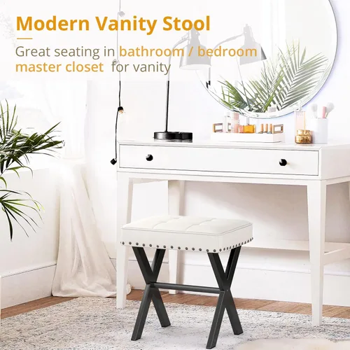 Miniatura 3 de LUE BONA Taburete de tocador blanco, asiento cuadrado de piel sintética con patas en X de metal, pequeña silla otomana para sala de maquillaje, sala