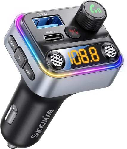 Miniatura 9 de Syncwire Bluetooth 5.4 Transmisor FM Adaptador para Coche 42W [Interruptor de Luz] [Micrófono Dual Más Potente] [Sonido de Graves HiFi]