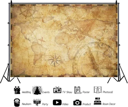 Miniatura 2 de YongFoto Telón de fondo vintage de 5 x 3 pies, mapa del mundo de viaje antiguo, mapa de pergamino, mapa del tesoro pirata, telón de fondo