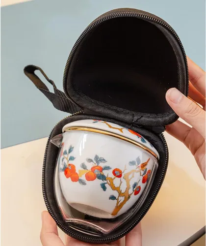 Miniatura 8 de Juego de té de cerámica portátil, juego de tetera de porcelana china de kungfu, tetera todo en uno, colador de té, 3 tazas de té, 1 bolsa de Naranja