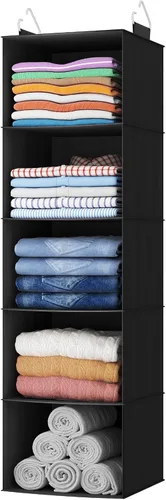 Miniatura 13 de Lifewit Organizador de armario colgante de 5 niveles y almacenamiento para estantes, estante de ropa plegable con 2 ganchos resistentes