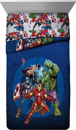 Miniatura 2 de Marvel Avengers Blue Circle - Juego de ropa de cama individual de 4 piezas, incluye edredón reversible y juego de sábanas, poliéster súper suave