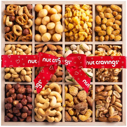 Miniatura 14 de NUT CRAVINGS - Cesta de regalo de nueces mixtas en bandeja de madera de diamante reutilizable + cinta verde (12 surtidos) golosinas para adultos