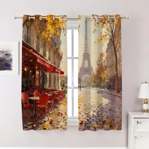Miniatura 63 de Cortinas opacas de cocina con pintura al óleo de Europa rosa y negra para ventanas, cenefas opacas modernas de torre Eiffel de poliéster multicapa