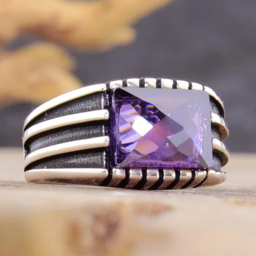 Miniatura 2 de Anillo de lujo de plata de ley 925 sólida para hombre con piedra de amatista simulada púrpura transparente facetada, Metal Metal Piedra, Amatista