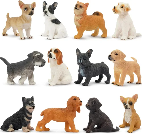 Toymany Juego de 12 mini figuras de perro, figuras realistas de plástico detalladas para cachorros, juguetes de animales pintados a mano, adornos