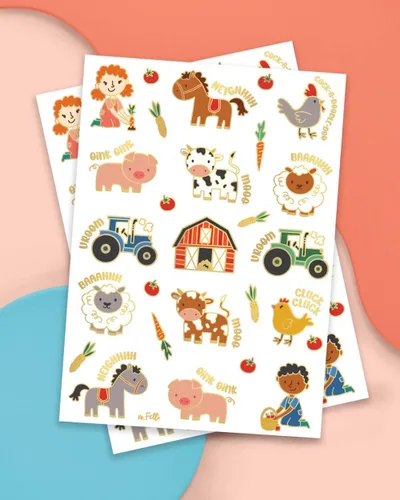 Miniatura 2 de xo, Fetti Suministros para fiestas de granja, tatuajes temporales - 30 estilos de purpurina Animales de corral, zoológico de mascotas, vaca, Oro