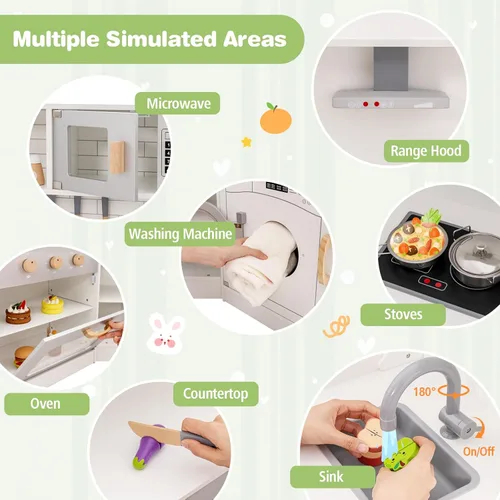 Miniatura 3 de HONEY JOY Juego de cocina esquinera para niños, cocina de madera definitiva para niños pequeños, lavadora, máquina de hielo, fregadero, microondas