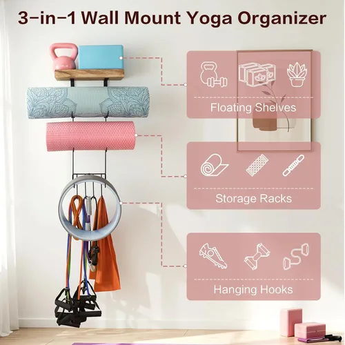 Miniatura 3 de VINAEMO - Soporte para esterilla de yoga, accesorios, organizador de montaje en pared, almacenamiento, decoración, rodillo de espuma y Negro