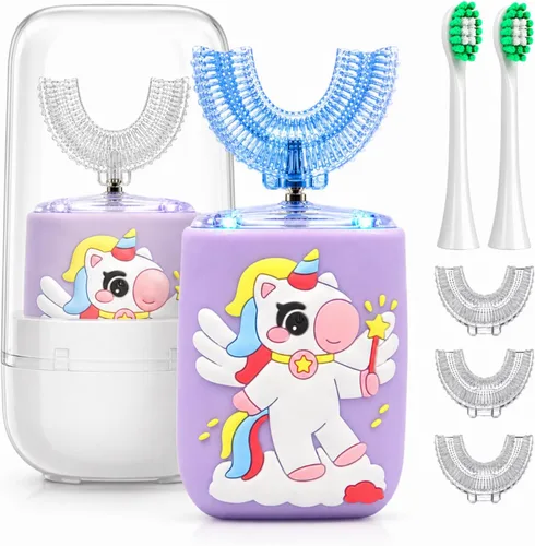 Miniatura 9 de Cepillo de dientes eléctrico en forma de U para niños pequeños con 5 cabezales de cepillo, diseño de unicornio de dibujos animados, limpieza de boca