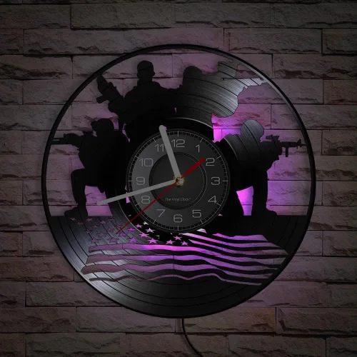 Miniatura 3 de Reloj de pared militar de 12 pulgadas, diseño patriótico, 7 colores cambiantes, soldados LED con bandera estadounidense, reloj de pared, regalo