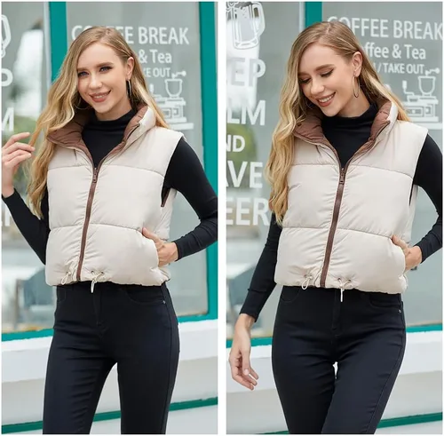 Miniatura 6 de Chaleco corto de invierno para mujer, ligero, reversible, cálido, chaleco acolchado, chaleco acolchado