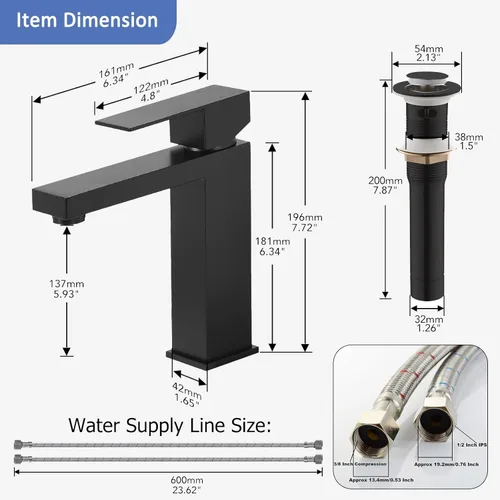 Miniatura 8 de Phiestina BF3530-MB - Grifo de baño negro de un solo agujero, grifo de baño negro mate para fregadero, 1 orificio con drenaje de metal con placa