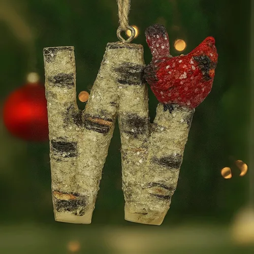 Adorno de Navidad con letra inicial cardenal rústica, aspecto de madera de abedul, alfabeto, decoración con monograma para árbol de vacaciones y