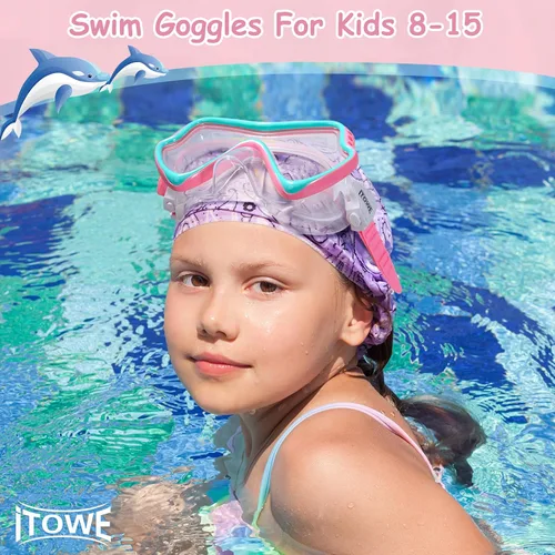 Miniatura 7 de Gafas de natación para niños con cubierta de nariz para jóvenes de 8 a 15 años, antivaho HD Visión Gafas de piscina gafas de natación de agua Rosa