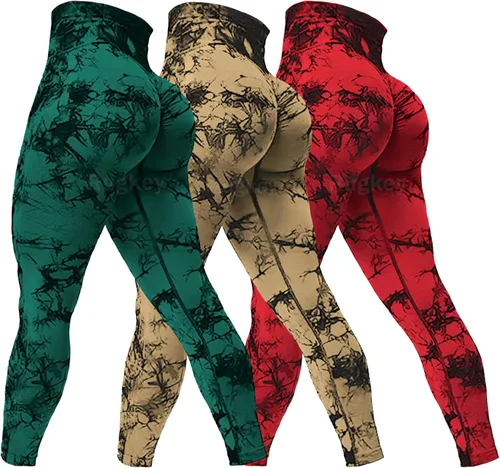 Rugkey Leggings de yoga de 3 piezas para mujer, cintura alta, teñido anudado, sin costuras, con levantamiento de glúteos, pantalones atléticos
