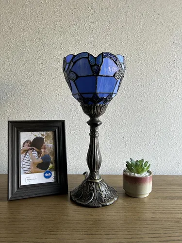 Miniatura 5 de Tiffany - Mini lámpara de mesa con antorcha azul, estilo barroco, lavanda, vitral, incluida, bombilla LED para sala de estar, comedor, dormitorio