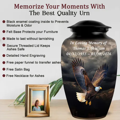 Miniatura 6 de Personalized Custom American Eagle Urn Set of 6 - Hand-Engraved Black Eagle Urns for Human Ashes Adult Female & Male, Includes 1 Large Adult Urn