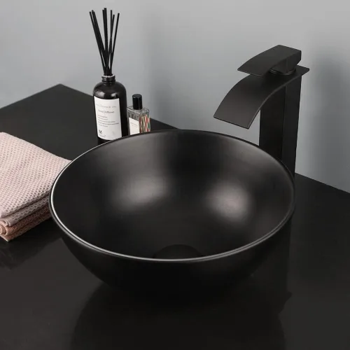 Fregadero de baño de cerámica negra de 13 pulgadas con grifo mezclador, cuenco redondo para fregadero de baño con grifo de cascada y drenaje